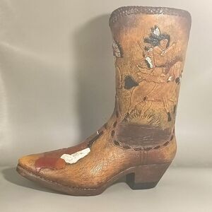 Western Cowboy Boot Vase Holder Native Rider Scene 9.5" Decor